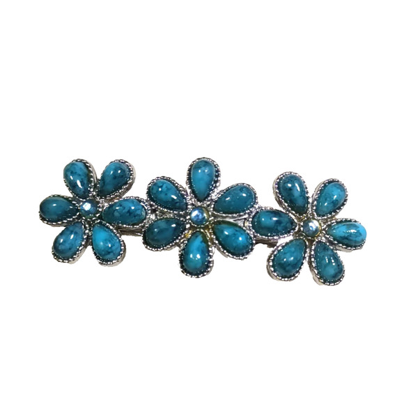 Hair Barrette Tension Clip Silver Tone Turquoise. Blue Beads Rhinestone Flower - Picture 1 of 6